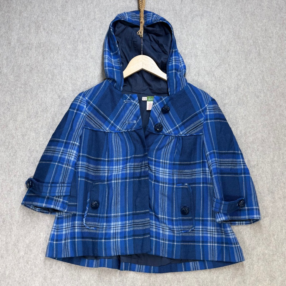 Twa by ETT Blue Plaid Wool Blend Hooded Swing Cape Coat Womens Size 8 Y2K Preppy